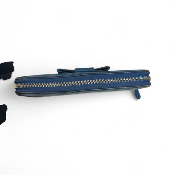 Women's Prada Saffiano Fiocco Leather Long Blue Zippered Ribbon Wallet - Picture 9 of 16